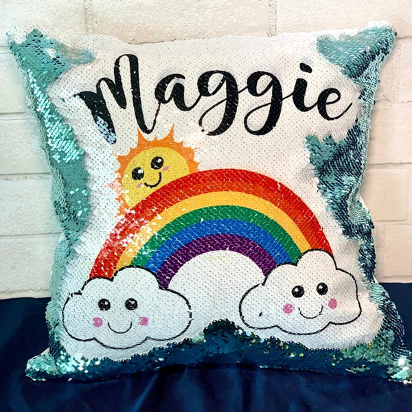 Rainbow Clouds & Sunshine "Mermaid" Pillow- Sequin Flip Pillow