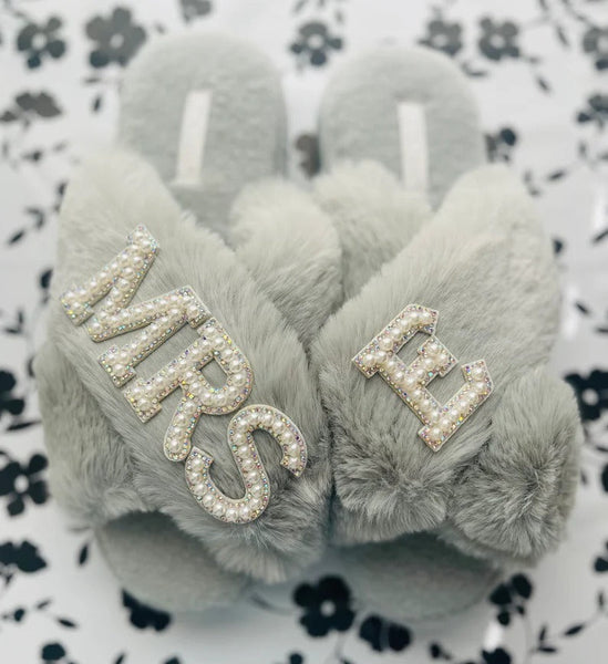 Faux Fur Bridal Slippers| I Do Slippers|Customized Slippers|Pearl Rhinestone Slippers