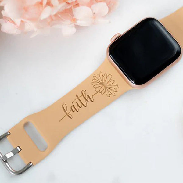 Faith Sunflower Engraved Watch Strap Compatible with Apple Watch, Faith Watch Band, Women's Watch Band