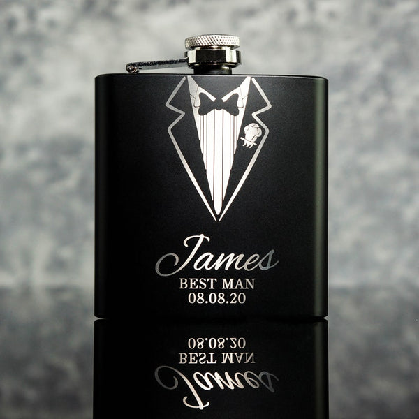 Tuxedo Groomsmen Best Man Usher Groom Gift Personalised Matte Black 8oz Hip Flask