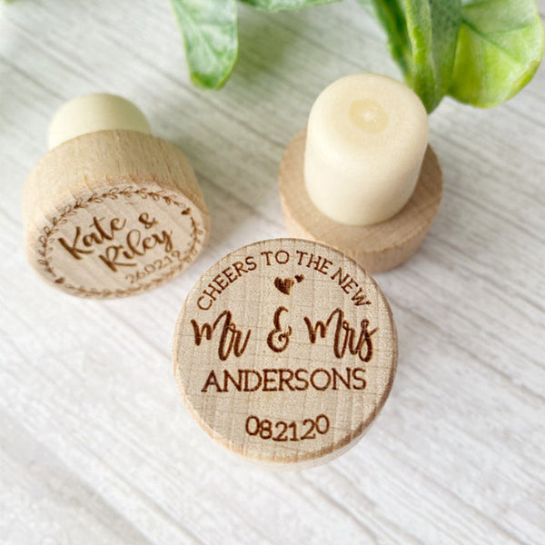 Personalised Wine Stopper, Wedding Favors, Custom Natural Wood Champagne Stopper, Set Of 5