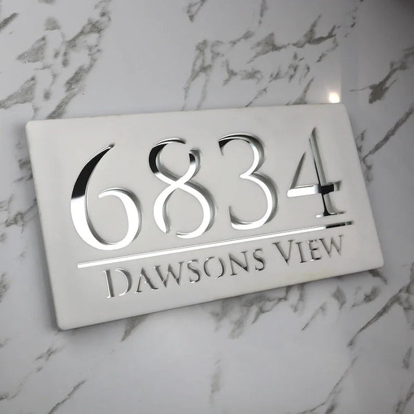 Laser Cut Matt White & Silver Mirror Floating House Signs Door Address Laser Numbers Plaque