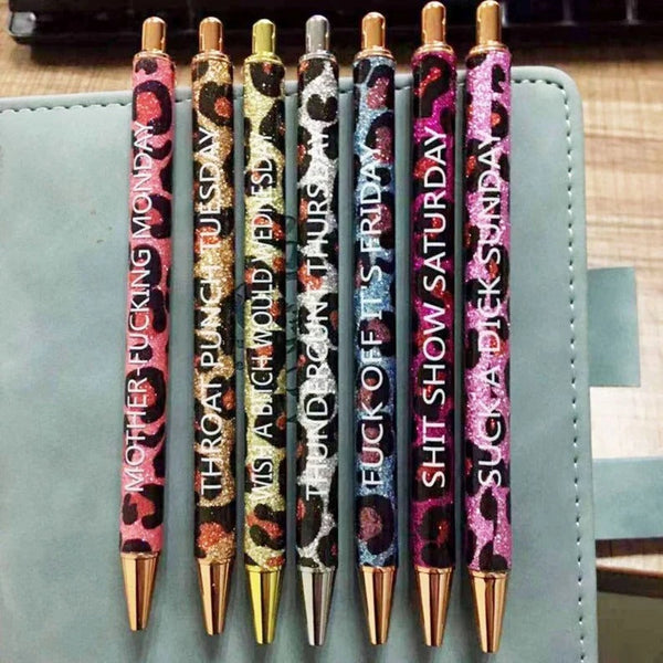 Offensive Pen Set 7, Funny Daily Pens, Gold Leopard Print Glitter Pens Office Supplies