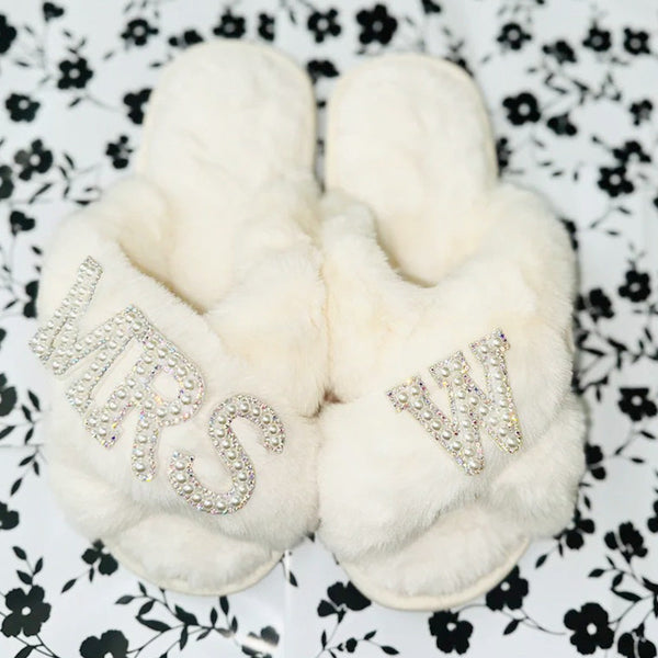 Faux Fur Bridal Slippers| I Do Slippers|Customized Slippers|Pearl Rhinestone Slippers