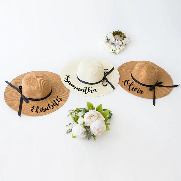 Custom Floppy Hats with black ribbons, Bridesmaids Sun Hats,hats with names, Bachelorette hats