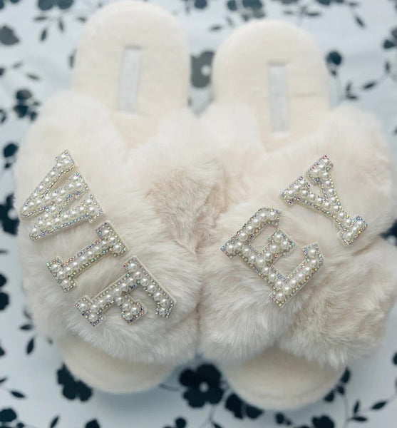 Faux Fur Bridal Slippers| I Do Slippers|Customized Slippers|Pearl Rhinestone Slippers