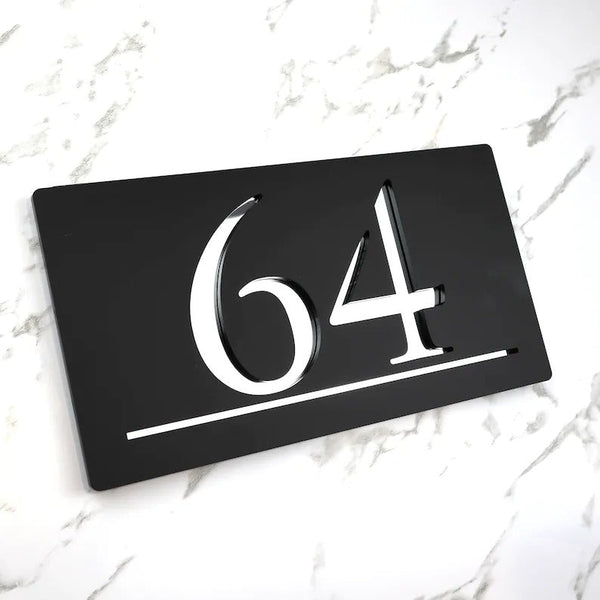 Laser Cut Matt Black & Silver Mirror Floating House Number Sign Door Address Laser Numbers