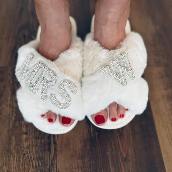 Faux Fur Bridal Slippers| I Do Slippers|Customized Slippers|Pearl Rhinestone Slippers