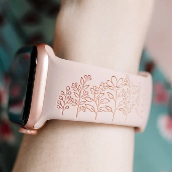 Wildflowers Floral Engraved Watch Strap Compatible with Apple Watch, Floral Watch Band