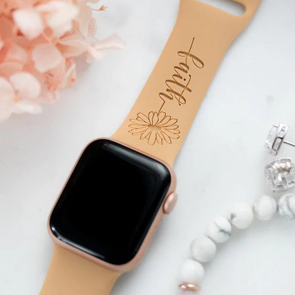 Faith Sunflower Engraved Watch Strap Compatible with Apple Watch, Faith Watch Band, Women's Watch Band