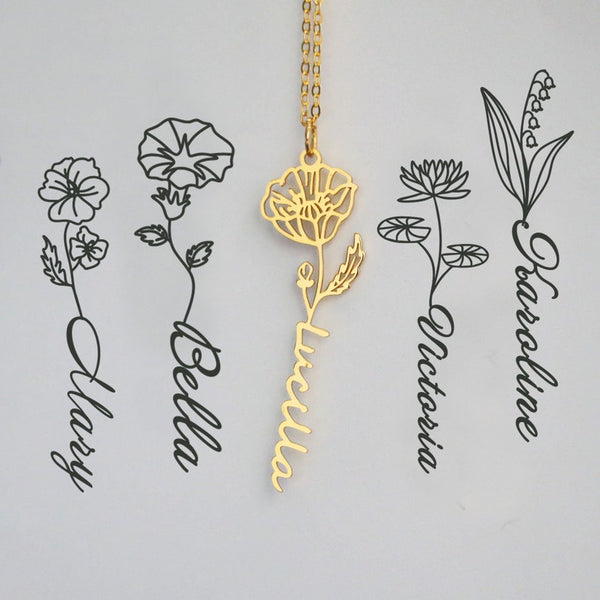 Name Necklace with Birth Flower, Personalized Name Necklace, Custom Gold Name Jewelry