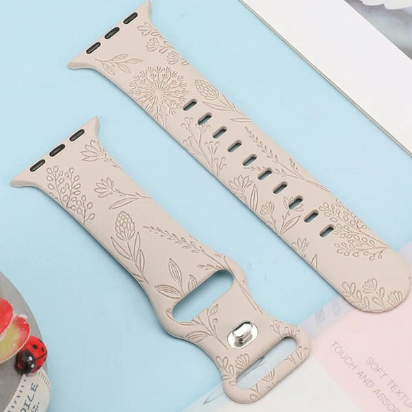 Floral Engraved Band for Apple Watch Bands Women, Silicone Dandelion Flower Pattern Bracelet for iWatch Series SE/7/6/5/4/3/2/1