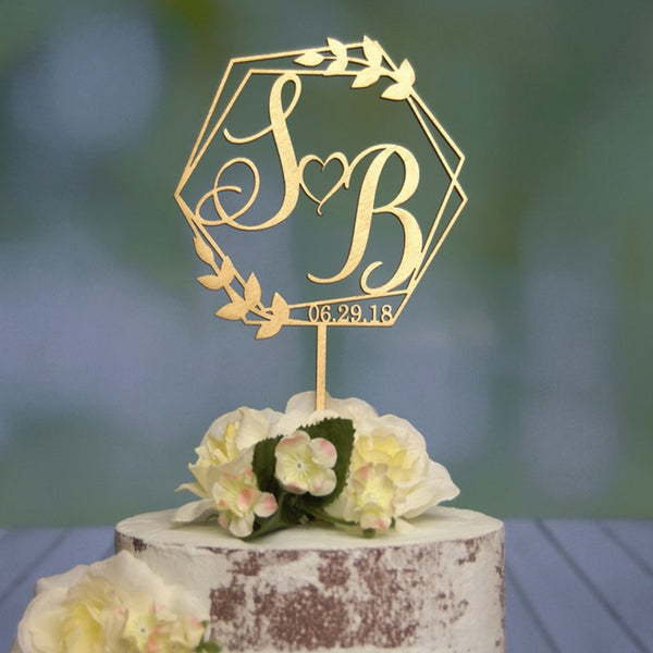 Personalized Monogram Cake Topper Hexagon Shape Wedding-Anniversary Cake Topper