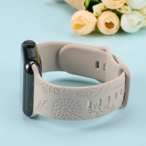 Floral Engraved Band for Apple Watch Bands 38mm 42mm Women, Silicone Dandelion Flower Pattern Bracelet for iWatch