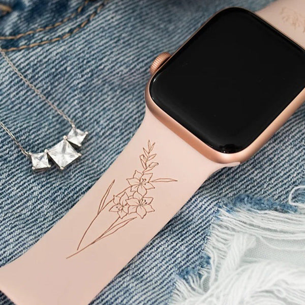 Birth Flower Gift For Her, Custom Women's Watch Band, Personalized Engraved Watch Strap Compatible with Apple Watch