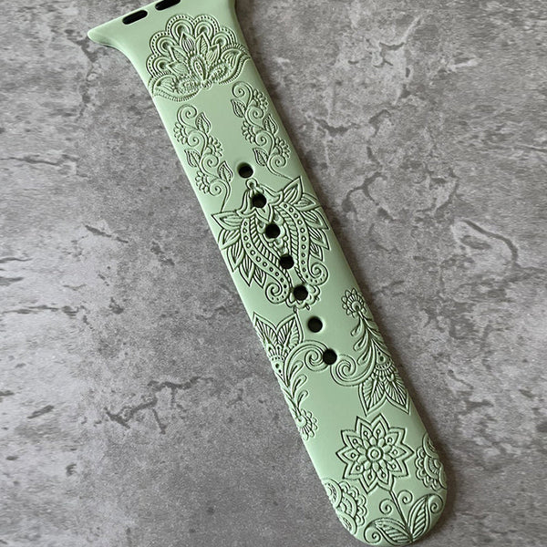 Apple Watch Silicone Sports Band  Strap - Custom Engraved Mehndi Henna Flowers Print