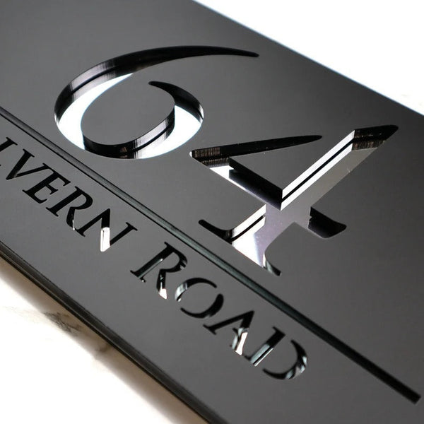 Laser Cut Matt Black & Silver Mirror Floating House Number Sign Door Address Laser Numbers