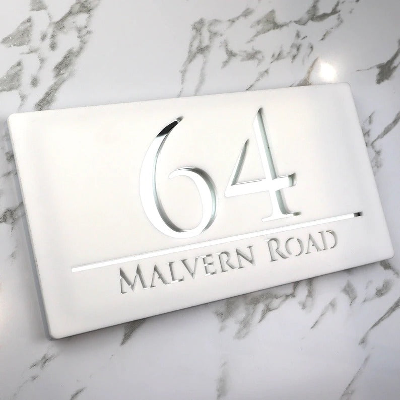 Laser Cut Matt White & Silver Mirror Floating House Signs Door Address Laser Numbers Plaque