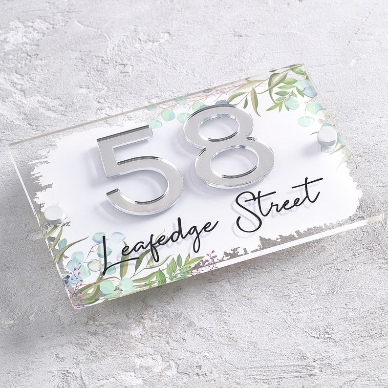 House Sign Eucalyptus Contemporary Acrylic Door Number Bespoke Modern House Plaque