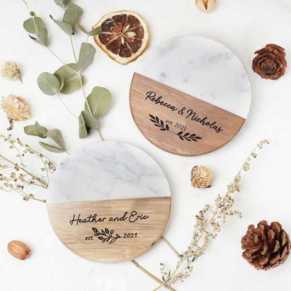 Custom Engraved Marble Wood Coasters | Personalized Gifts Coaster Set New Home Gift