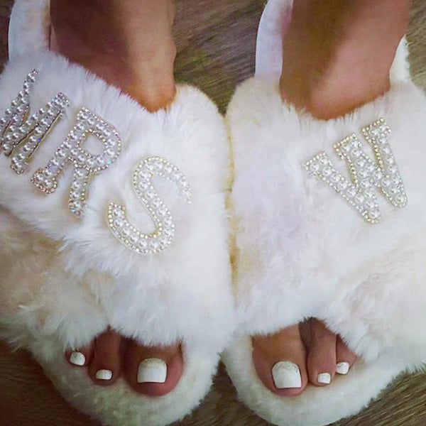 Faux Fur Bridal Slippers| I Do Slippers|Customized Slippers|Pearl Rhinestone Slippers