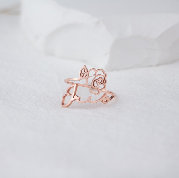 Birth Flower Name Ring in Gold / Silver / Rose Gold, Dainty Handmade Personalized Custom Ring