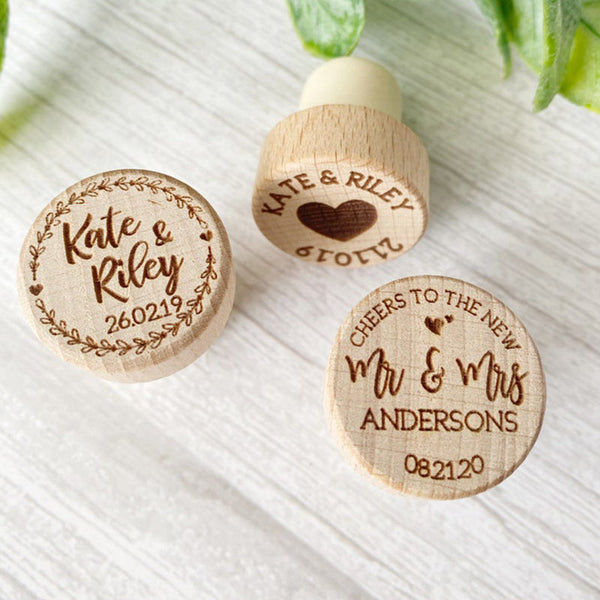 Personalised Wine Stopper, Wedding Favors, Custom Natural Wood Champagne Stopper, Set Of 5