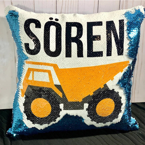 Dump Truck Custom Mermaid Pillow Two Tone Sequin Flip Throw Pillow - Construction Vehicle