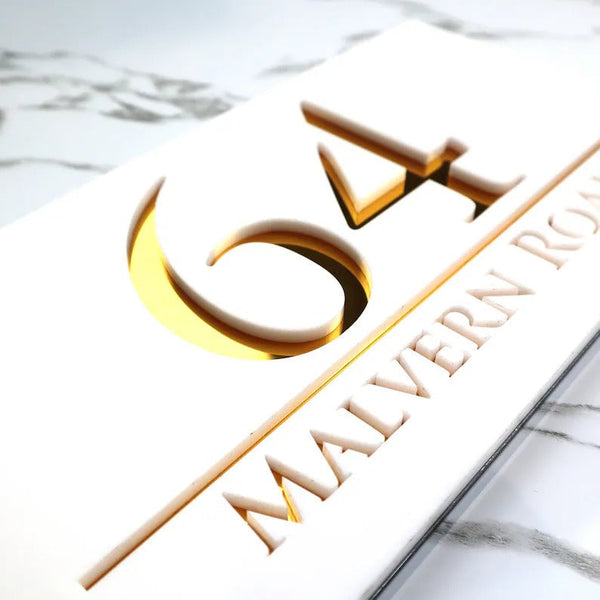 Laser Cut Matt White & Gold Mirror Floating House Number Signs Door Address