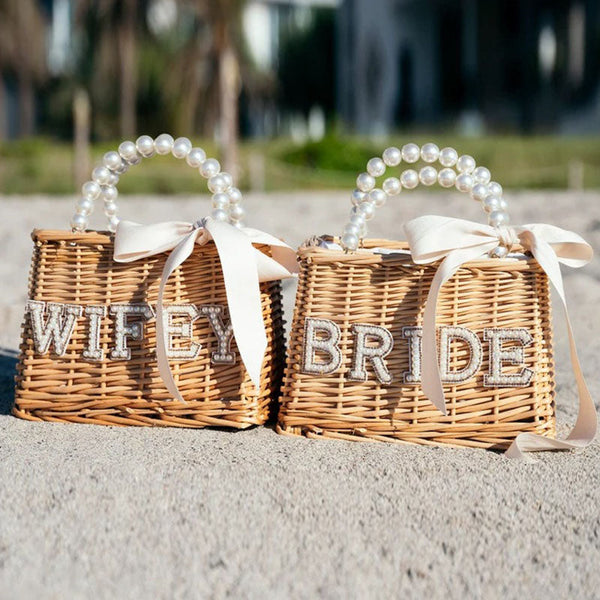 Bride Custom Beach Bag with Pearls and Bow, Personalized Straw Bag, Bridal Shower Bag