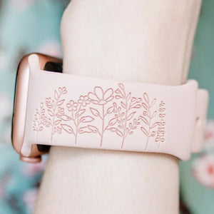 Wildflowers Floral Engraved Watch Strap Compatible with Apple Watch, Floral Watch Band