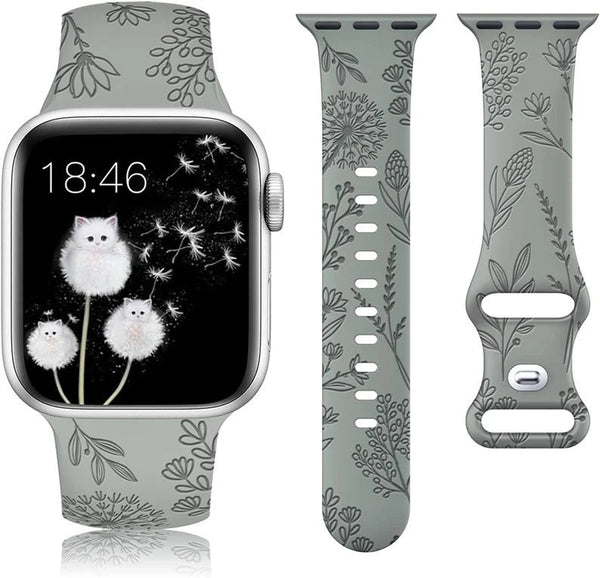 Floral Engraved Band for Apple Watch Bands 38mm 42mm Women, Silicone Dandelion Flower Pattern Bracelet for iWatch