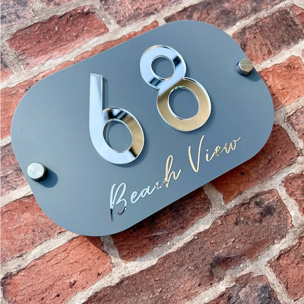 House Number Sign, Round edge personalised standoff plaque, mirror door number