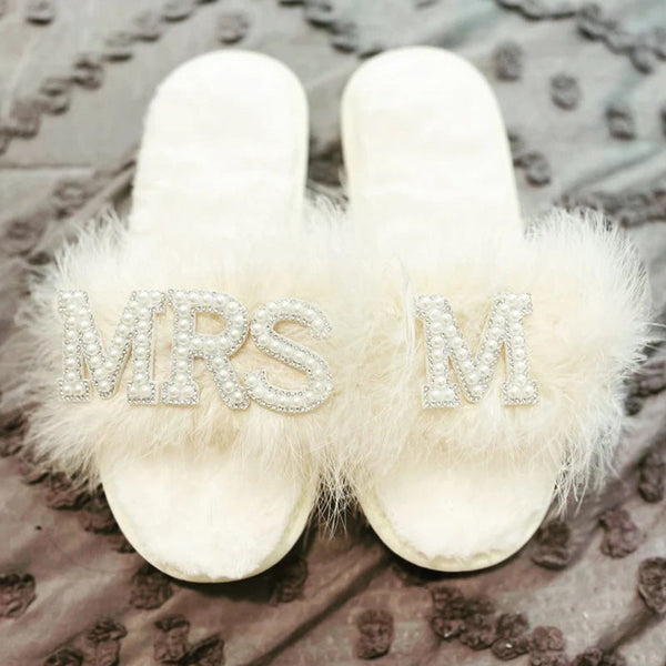 Feather Bride Slippers| I Do Slippeers|Customized Slippers|Peal Rhinestone Slippers