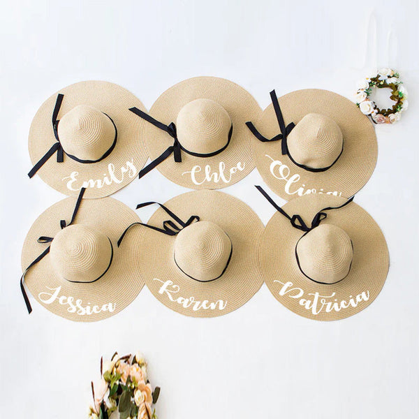 Custom Floppy Hats with black ribbons, Bridesmaids Sun Hats,hats with names, Bachelorette hats