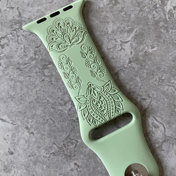 Apple Watch Silicone Sports Band  Strap - Custom Engraved Mehndi Henna Flowers Print