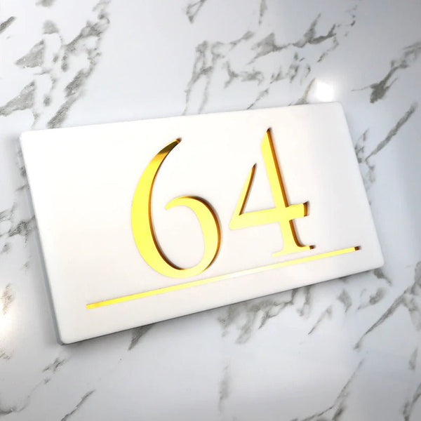 Laser Cut Matt White & Gold Mirror Floating House Number Signs Door Address