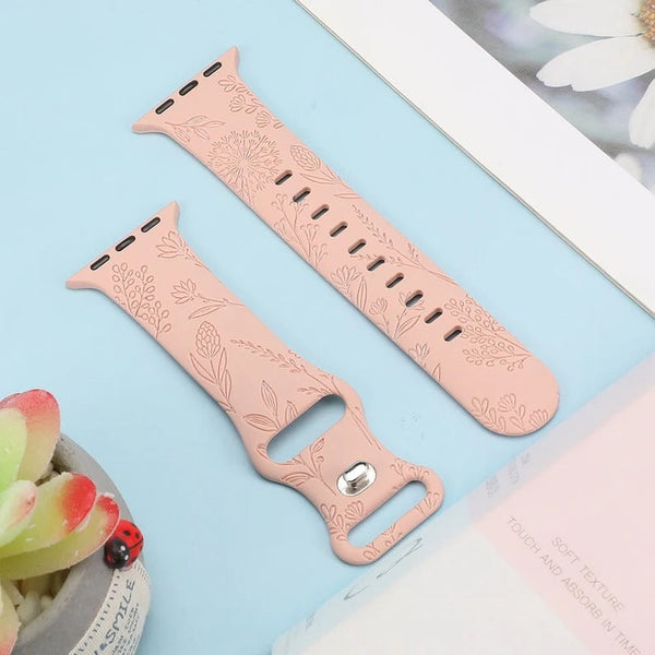 Floral Engraved Band for Apple Watch Bands 38mm 42mm Women, Silicone Dandelion Flower Pattern Bracelet for iWatch