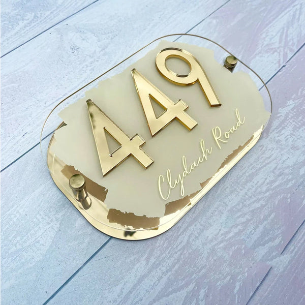 House Sign, mirror door number plaque, Personalised with Cream paint.