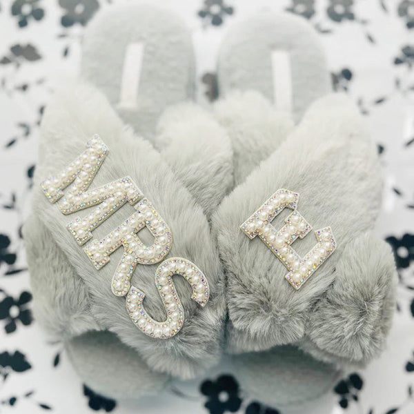 Faux Fur Bridal Slippers| I Do Slippers|Customized Slippers|Pearl Rhinestone Slippers