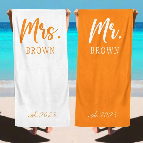 Custom Mr & Mrs Beach Towel,Honeymoon Travel,Personalized Bride Groom Beach Towel