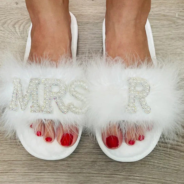 Feather Bride Slippers| I Do Slippeers|Customized Slippers|Peal Rhinestone Slippers