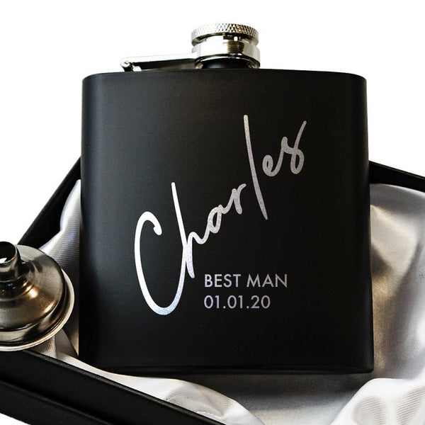 Groomsmen Gifts, Best Man Usher Groom Gift Personalised Matte Black 8oz Hip Flasks