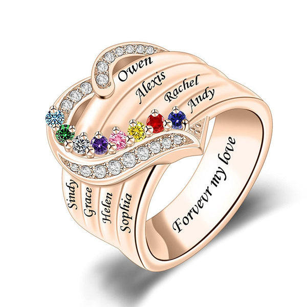 Engraved Heart Birthstone Ring Birthstone Ring with Kids' Names Customized 1-8 Names Ring