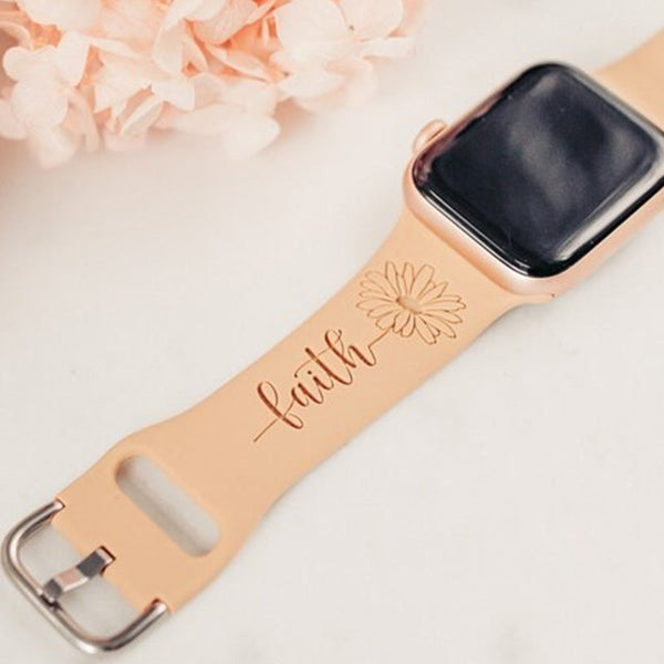 Faith Sunflower Engraved Watch Strap Compatible with Apple Watch, Faith Watch Band, Women's Watch Band