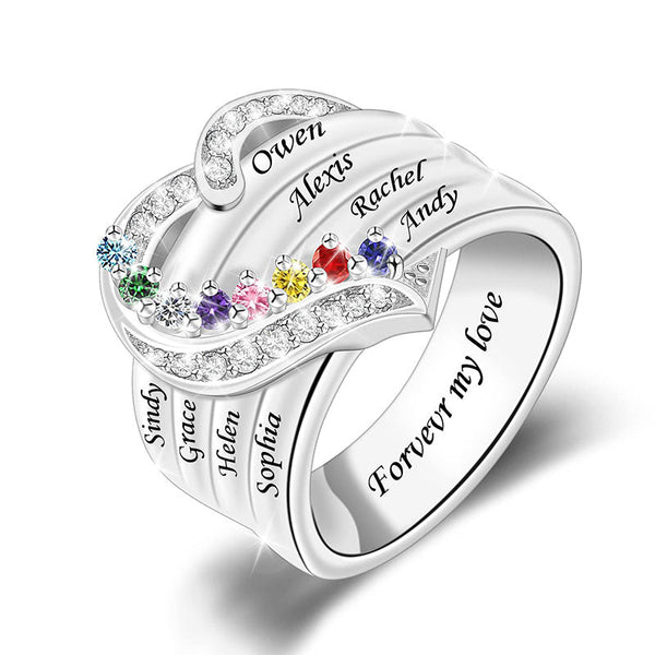 Engraved Heart Birthstone Ring Birthstone Ring with Kids' Names Customized 1-8 Names Ring