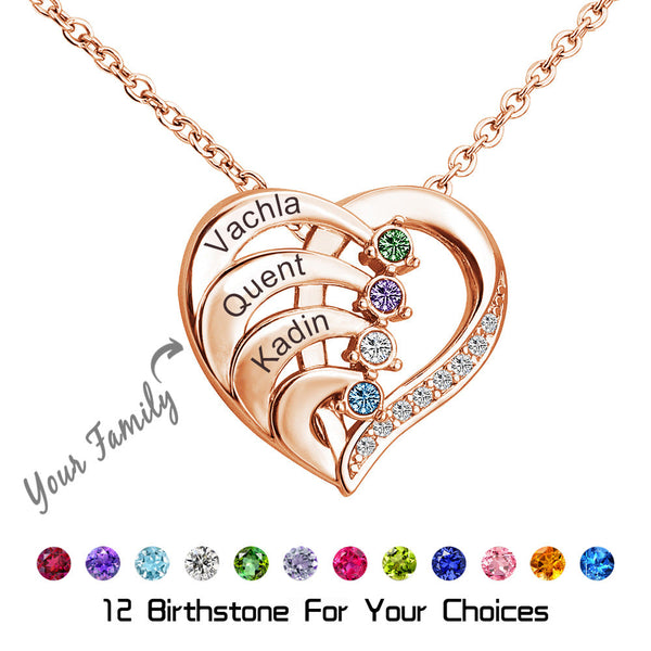 Heart Name Necklace,Sterling Silver Engraved Heart, Birthstone Family name Chain