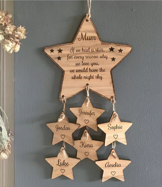 Hanging Family Stars, Gift for Mum, Personalised Family Tree Wall Hanging Mothers Day Gift