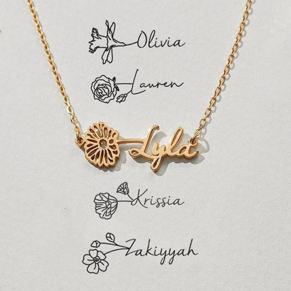 Custom Name Necklace with Birth Flower,Dainty Personalized Minimalist Jewelry,Pendant Necklace for Women