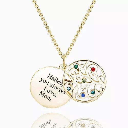 Personalized Necklace Tree of Life and Birthstone - Round Name Necklace Plate with Engraved 6 Stones Best Gift for Mother Grandma